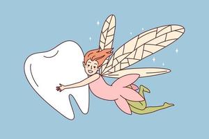 sorridente fada vôo com dente. feliz pixy desenho animado personagem com crianças dentes. vetor ilustração.