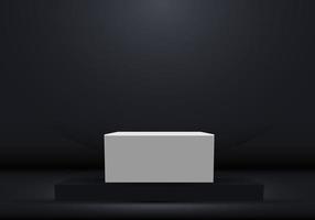 Plataforma escura realista 3D com pedestal vazio branco para exposição do produto. vitrine ou local para apresentação.