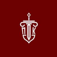 mk inicial logotipo monograma Projeto para legal advogado vetor imagem com espada e escudo