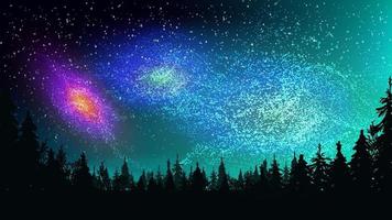constelações brilhantes, galáxias no céu escuro e estrelado acima da floresta de pinheiros