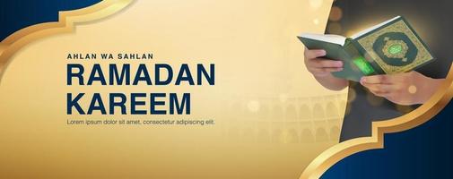 Ramadan Kareem de fundo vector com homem lendo o Alcorão em design 3D realista
