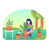 mulher aplicando fertilizante nas plantas vetor