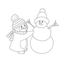 esboço pinguim dentro chapéu e cachecol faço boneco de neve. fofa pinguim isolado em branco fundo. infantil vetor personagem para coloração página