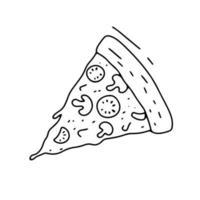 fatia de pizza com queijo derretido e tomate. esboço de rabisco desenhado à mão. ilustração em vetor contorno isolada no branco.