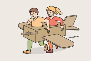 muito feliz pequeno crianças dentro feito à mão papel avião jogando juntos ao ar livre. sorridente pequeno crianças dentro manualmente construído avião apreciar engraçado jogo. vetor ilustração.
