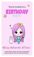 cartão de convite vertical de feliz aniversário com desenho animado kawaii anime girl e coelho. ilustração vetorial para celebrar a data de nascimento. web ou design de impressão. vetor