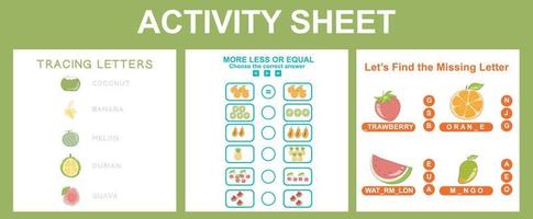 3 dentro 1 atividade para crianças. educacional imprimível planilha. frutas planilha tema. vetor ilustrações.