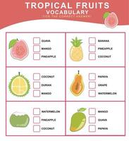 escolher a corrigir responder. tropical frutas vocabulário. planilha para pré escola. palavras teste educacional jogos para crianças. vetor arquivo.