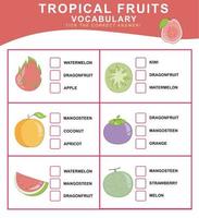 escolher a corrigir responder. tropical frutas vocabulário. planilha para pré escola. palavras teste educacional jogos para crianças. vetor arquivo.