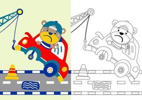 engraçado Urso em pausa baixa carro dentro a estrada, vetor desenho animado ilustração, coloração livro ou página