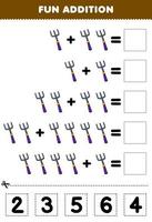 Educação jogos para crianças Diversão Adição de cortar e Combine corrigir número para fofa desenho animado garfo imprimível ferramenta planilha vetor