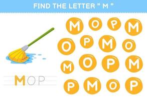 Educação jogos para crianças encontrar a carta m com fofa desenho animado esfregão imprimível ferramenta planilha vetor