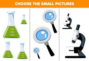 Educação jogos para crianças escolher a pequeno cenário do fofa desenho animado taça lupa microscópio imprimível ferramenta planilha vetor