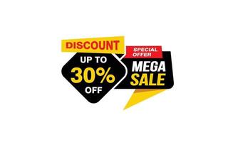 Oferta de mega venda de 30%, liberação, layout de banner de promoção com estilo de adesivo. vetor