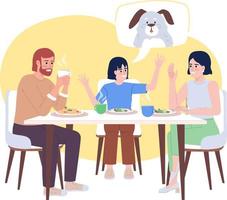 tendo café da manhã juntos 2d vetor isolado ilustração. animado menina convincente pais para adotar cachorro plano personagens em desenho animado fundo. colorida editável cena para móvel, local na rede Internet, apresentação