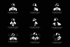 design de logotipo de detetive da máfia, smoking de moda de detetive da máfia e vetor de ilustração de chapéu, ícone de empresário negro