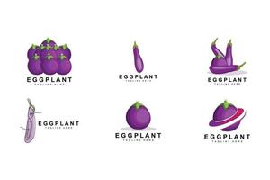 design de logotipo de berinjela, ilustração de vegetais vetor de plantação de vegetais roxos, modelo de ícone de marca de produto