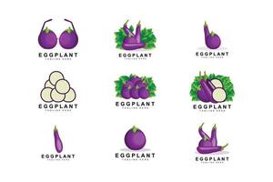 design de logotipo de berinjela, ilustração de vegetais vetor de plantação de vegetais roxos, modelo de ícone de marca de produto