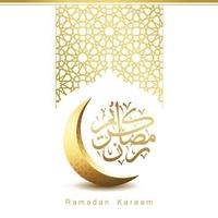 design de cartão de ramadan kareem com lua crescente e caligrafia vetor