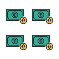 moeda ícones definir. euro, libra, iene aumentar, dólar diminuir. perfeito para local na rede Internet Móvel aplicativo, aplicativo ícones, apresentação, ilustração e qualquer de outros projetos vetor