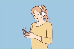 feliz jovem mulher dentro fones de ouvido ouço para música em Smartphone. sorridente menina dentro fones de ouvido apreciar Boa qualidade som em celular. vetor ilustração.