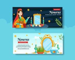 feliz nowruz dia horizontal bandeira plano desenho animado mão desenhado modelos fundo ilustração vetor