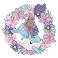 golfinho guirlanda floral sereia animal vetor ilustração conjunto