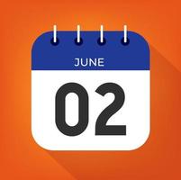 Junho dia 2. número dois em uma branco papel com azul cor fronteira em uma laranja fundo vetor. vetor