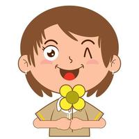 menina segurando flor feliz face desenho animado fofa vetor