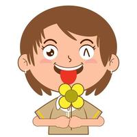 menina segurando flor brincalhão face desenho animado fofa vetor