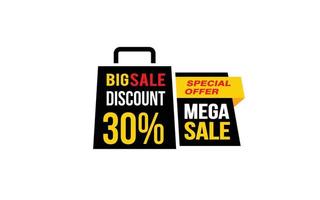 Oferta de mega venda de 30%, liberação, layout de banner de promoção com estilo de adesivo. vetor
