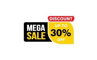 Oferta de mega venda de 30%, liberação, layout de banner de promoção com estilo de adesivo. vetor