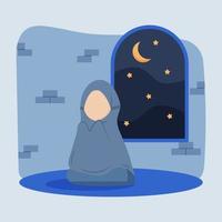 islâmico muçulmano mulher Rezar Ramadã kareem dentro plano ilustração vetor