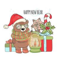 Urso luminária Novo ano animal desenho animado cartão vetor ilustração conjunto