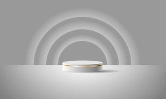 realista cinzento 3d cilindro pódio brincar com branco brilhando luz semi círculos camadas Projeto para produtos exibição etapa mostruário moderno luxo fundo vetor