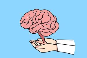 pessoa mão aguarde cérebro explorar humano corpo órgão. médico ou neurologista trabalhos em neurologia mente problemas. neurociência e cuidados de saúde conceito. plano vetor ilustração.