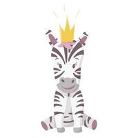 vetor desenho animado ilolado imagem do uma selvagem africano animal. fofa sorridente bebê zebra personagem dentro uma coroa sentado em dele patas. uma pronto modelo para uma crianças imprimir, livro ou papel de parede.