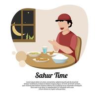 ilustração do muçulmano Rezar antes comendo. Ramadã ilustração com editável texto vetor