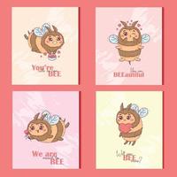 cumprimento cartão coleção com desenho animado fofa abelha dentro amor para dia dos namorados dia com engraçado trocadilhos animal temático provérbios vetor