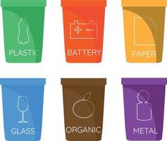 coleção do colorida separação reciclar bin icon.organic,baterias,metal,plástico,papel,vidro,resíduos,alumínio,alimentos,pode,garrafa.bin vetor, reciclar bin.vetor ilustração. isolado em branco vetor