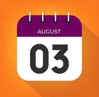 agosto dia 3. número três em uma branco papel com roxa cor fronteira em uma laranja fundo vetor