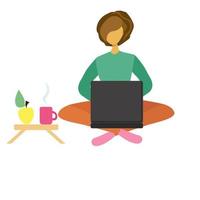 mulher com Sombrio cabelo com uma computador portátil sentado, controlo remoto trabalhos ou estudar, conectados Aulas às casa vetor