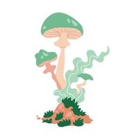 pastel verde Magia cogumelos com fumaça isolado em uma branco fundo. psicodélico fungo impressão . plano mão desenhado vetor ilustração.
