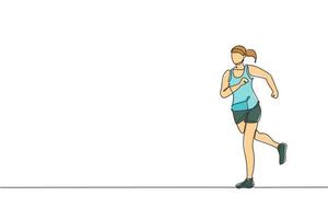 1 solteiro linha desenhando do jovem feliz corredor mulher exercício para melhorar energia vetor gráfico ilustração. saudável estilo de vida e competitivo esporte conceito. moderno contínuo linha desenhar Projeto