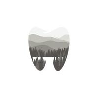 puro dental Cuidado logotipo este misturas com natureza. montanhas, árvores, rios. logotipo para odontologia, dentista e dental clínica vetor