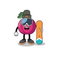 mascote desenho animado do ameixa fruta snowboard jogador vetor