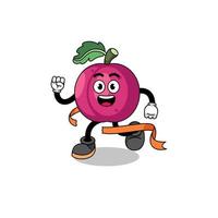 mascote desenho animado do ameixa fruta corrida em terminar linha vetor