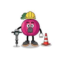 personagem desenho animado do ameixa fruta trabalhando em estrada construção vetor