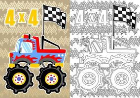 monstro caminhão com terminar bandeira em pneu rastrear fundo, vetor desenho animado ilustração, coloração livro ou página
