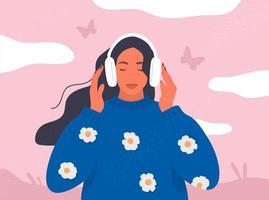 mulher ouvindo para música. plano estilo. fofa menina com fones de ouvido. vetor